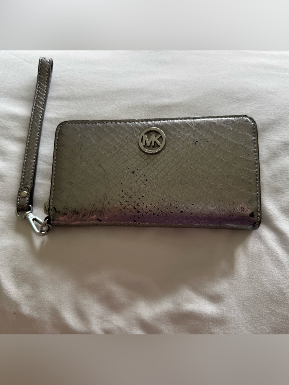 Michael Kors Fulton Wallet Metallic Gunmetal Zip Around Wristlet with MK Logo